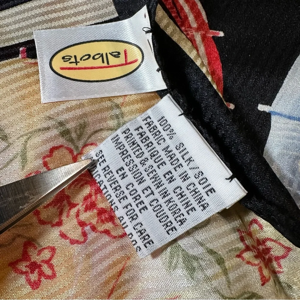 Talbots 100% Silk Scarf – Black with Multi-Colored Floral Parasols, Like New